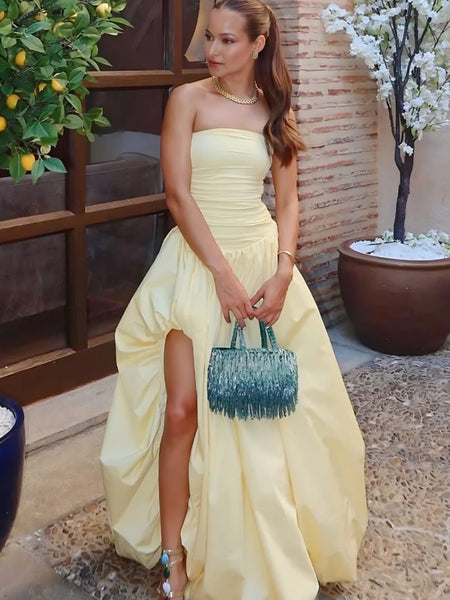 High Low Yellow Satin Long Prom Dresses, High Low Yellow Satin Formal Dresses