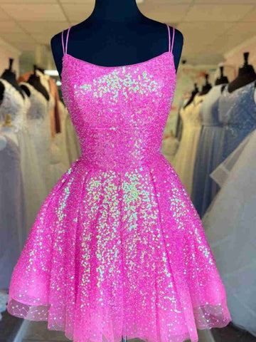 Hot Pink Blue Sequins Short Prom Dresses, Short Hot Pink Blue Formal Homecoming Dresses