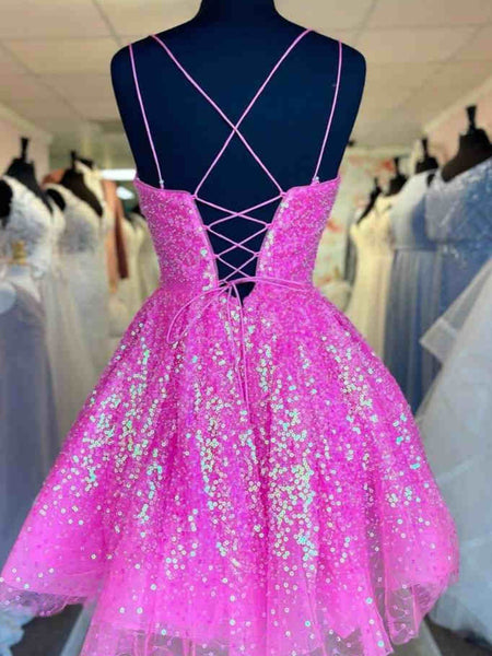 Hot Pink Blue Sequins Short Prom Dresses, Short Hot Pink Blue Formal Homecoming Dresses