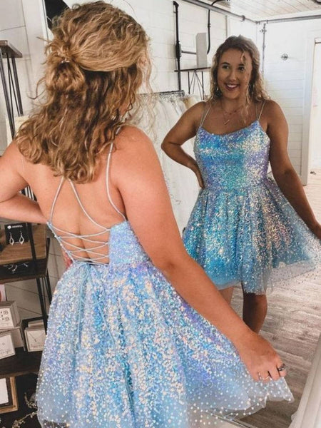 Hot Pink Blue Sequins Short Prom Dresses, Short Hot Pink Blue Formal Homecoming Dresses