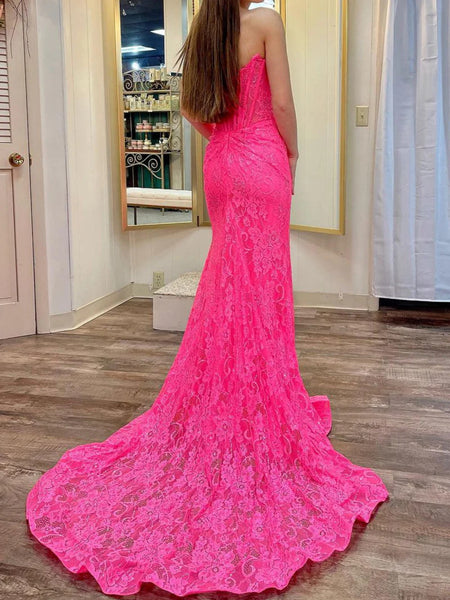 Hot Pink Mermaid Lace Prom Dresses, Hot Pink Mermaid Lace Formal Evening Dresses