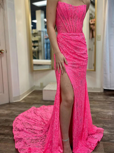 Hot Pink Mermaid Lace Prom Dresses, Hot Pink Mermaid Lace Formal Evening Dresses