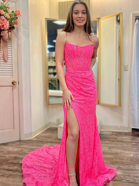 Hot Pink Mermaid Lace Prom Dresses, Hot Pink Mermaid Lace Formal Graduation Dresses