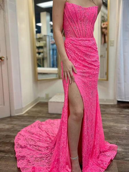 Hot Pink Mermaid Lace Prom Dresses, Hot Pink Mermaid Lace Formal Graduation Dresses