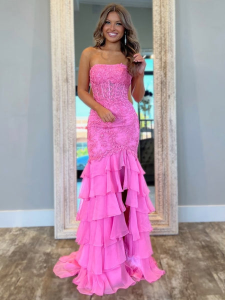 Hot Pink Strapless Fitted Mermaid Tiered Ruffled Prom Dress, Mermaid Lace Tiered Ruffled Formal Evening Dresses