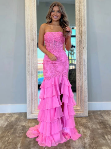 Hot Pink Strapless Fitted Mermaid Tiered Ruffled Prom Dress, Mermaid Lace Tiered Ruffled Formal Evening Dresses