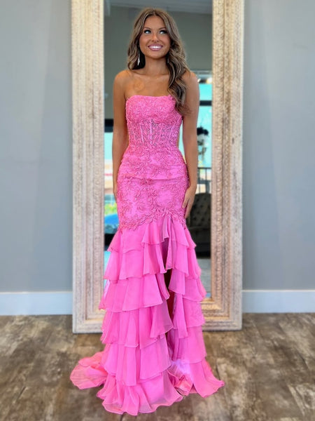 Hot Pink Strapless Fitted Mermaid Tiered Ruffled Prom Dress, Mermaid Lace Tiered Ruffled Formal Evening Dresses