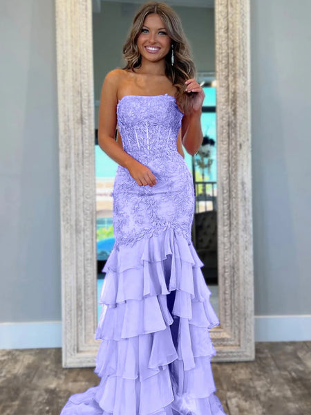 Hot Pink Strapless Fitted Mermaid Tiered Ruffled Prom Dress, Mermaid Lace Tiered Ruffled Formal Evening Dresses