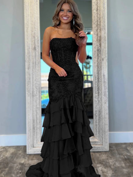 Hot Pink Strapless Fitted Mermaid Tiered Ruffled Prom Dress, Mermaid Lace Tiered Ruffled Formal Evening Dresses