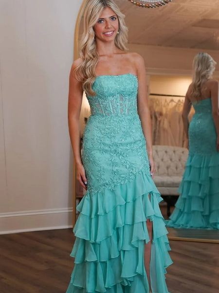 Hot Pink Strapless Fitted Mermaid Tiered Ruffled Prom Dress, Mermaid Lace Tiered Ruffled Formal Evening Dresses