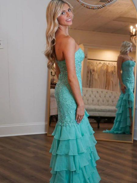 Hot Pink Strapless Fitted Mermaid Tiered Ruffled Prom Dress, Mermaid Lace Tiered Ruffled Formal Evening Dresses