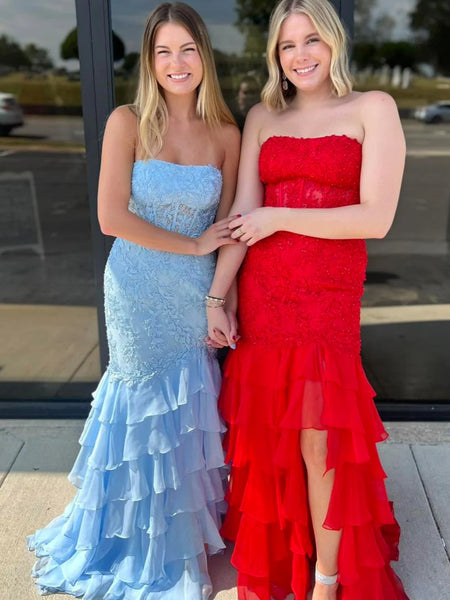 Hot Pink Strapless Fitted Mermaid Tiered Ruffled Prom Dress, Mermaid Lace Tiered Ruffled Formal Evening Dresses