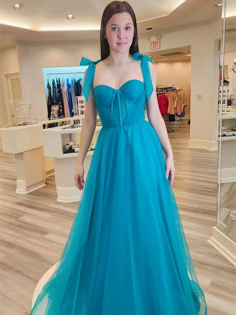 Jade Sweetheart Bow Tie Shoulder Tulle Long Prom Dress, Blue Long Tulle Formal Evening Dresses
