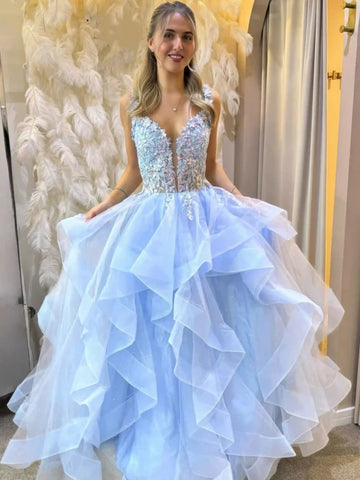 Light Blue 3D Floral Prom Dress, V Neck Blue Ruffled Tulle Formal Evening Gown
