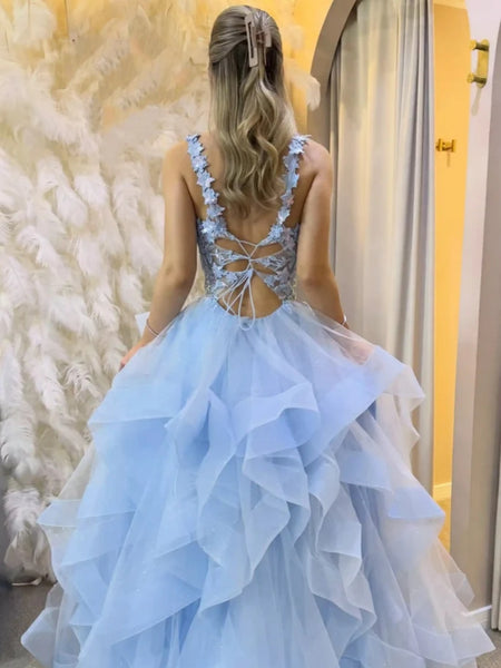 Light Blue 3D Floral Prom Dress, V Neck Blue Ruffled Tulle Formal Evening Gown
