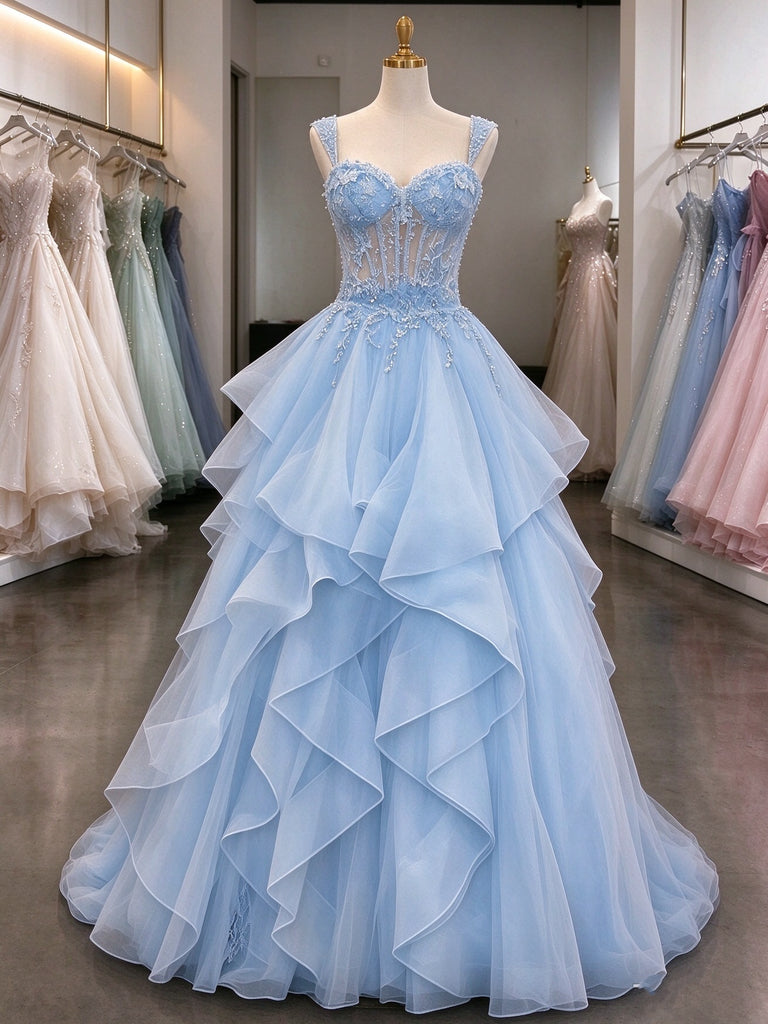 Light Blue Lace Applique Backless Lace Up Prom Dress, Custom Tiered Ruffle Tulle Formal Evening Dress