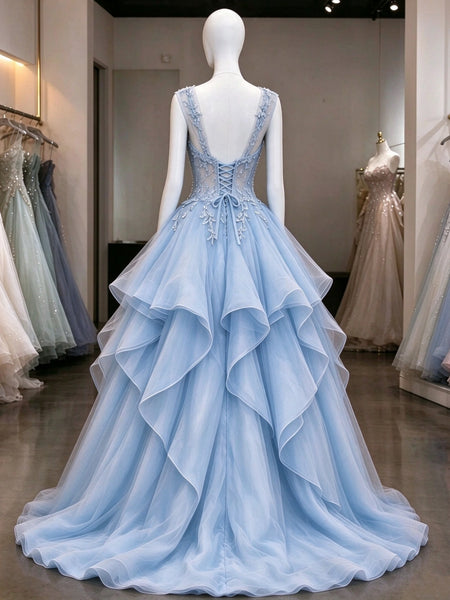 Light Blue Lace Applique Backless Lace Up Prom Dress, Custom Tiered Ruffle Tulle Formal Evening Dress