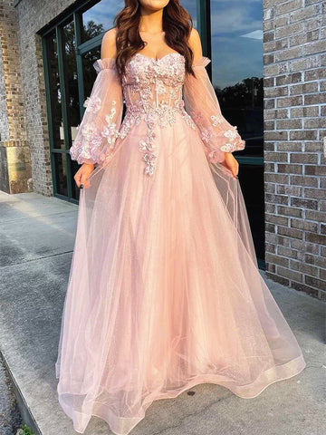 Long Sleeves Pink Lace Prom Dresses, Pink Lace Long Formal Evening Dresses