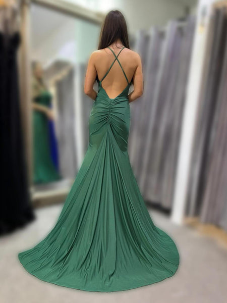 Mermaid Backless Green Long Prom Dresses, Mermaid Green Formal Dresses, Long Green Evening Dresses