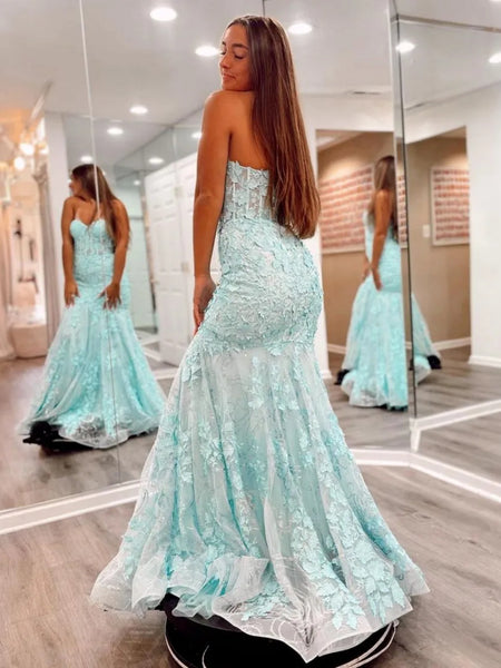 Mint Green Mermaid Lace Prom Dresses, Green Lace Mermaid Formal Evening Dresses