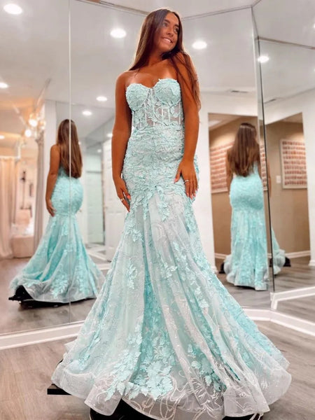 Mint Green Mermaid Lace Prom Dresses, Green Lace Mermaid Formal Evening Dresses