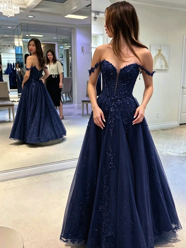 Off Shoulder Dark Navy Blue Tulle Sparkly Long Prom Dress, Black Lace Applique Formal Evening Dress