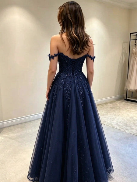 Off Shoulder Dark Navy Blue Tulle Sparkly Long Prom Dress, Black Lace Applique Formal Evening Dress