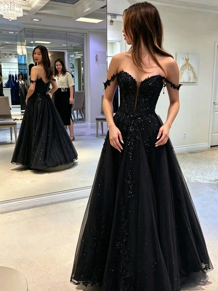 Off Shoulder Dark Navy Blue Tulle Sparkly Long Prom Dress, Black Lace Applique Formal Evening Dress