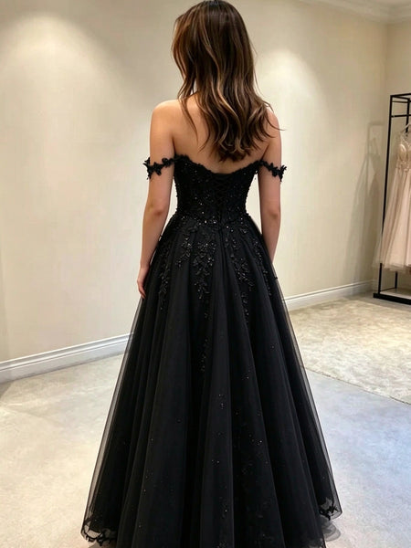 Off Shoulder Dark Navy Blue Tulle Sparkly Long Prom Dress, Black Lace Applique Formal Evening Dress