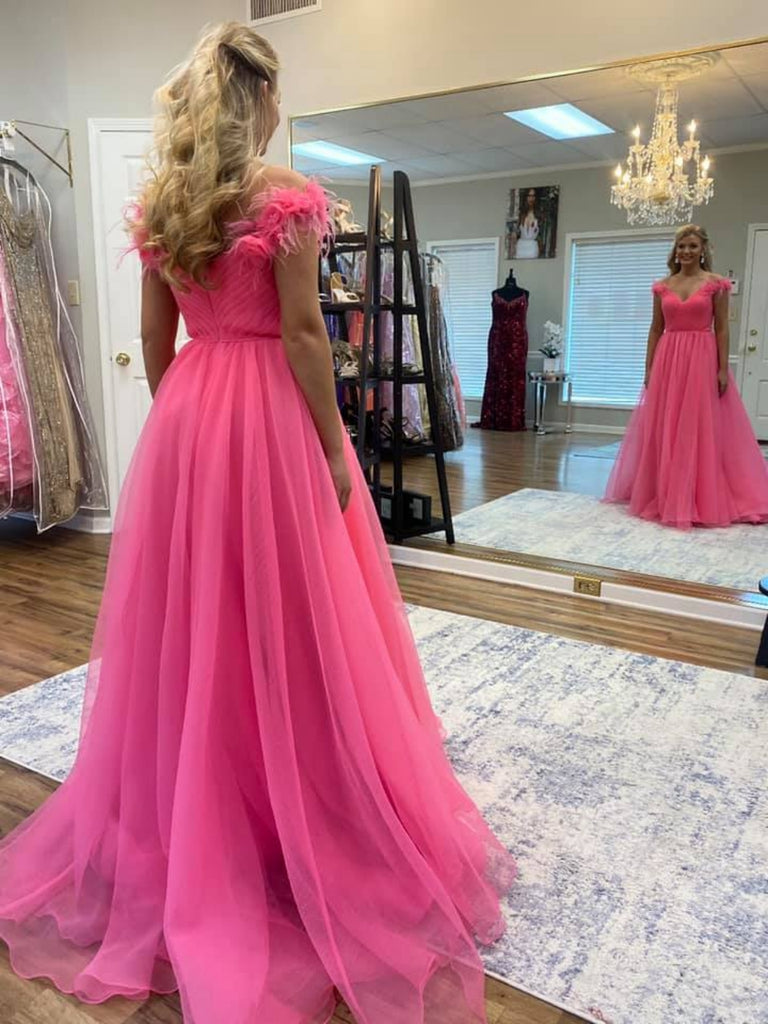 Off Shoulder Hot Pink Tulle Long Prom Dresses with 3D Flowers, Long Ho – jbydress