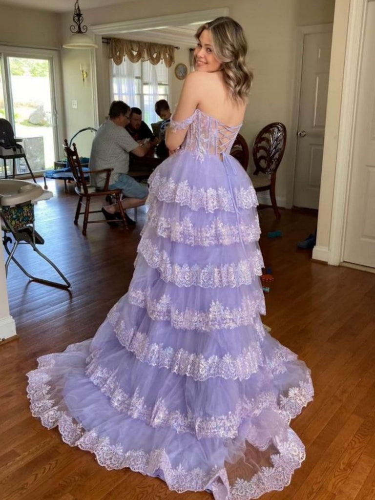 Off Shoulder Layered Lilac Lace Long Prom Dresses with Train, Lilac La jbydress Off Shoulder Layered Lilac Lace Long Prom Dresses with Train, Lilac La jbydress
