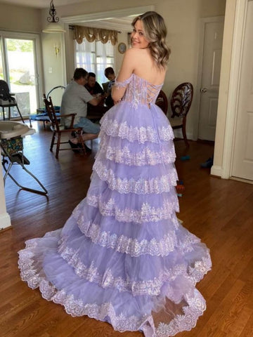 Off Shoulder Layered Lilac Lace Long Prom Dresses with Train, Lilac Lace Formal Dresses, Lilac Evening Dresses with High Slit