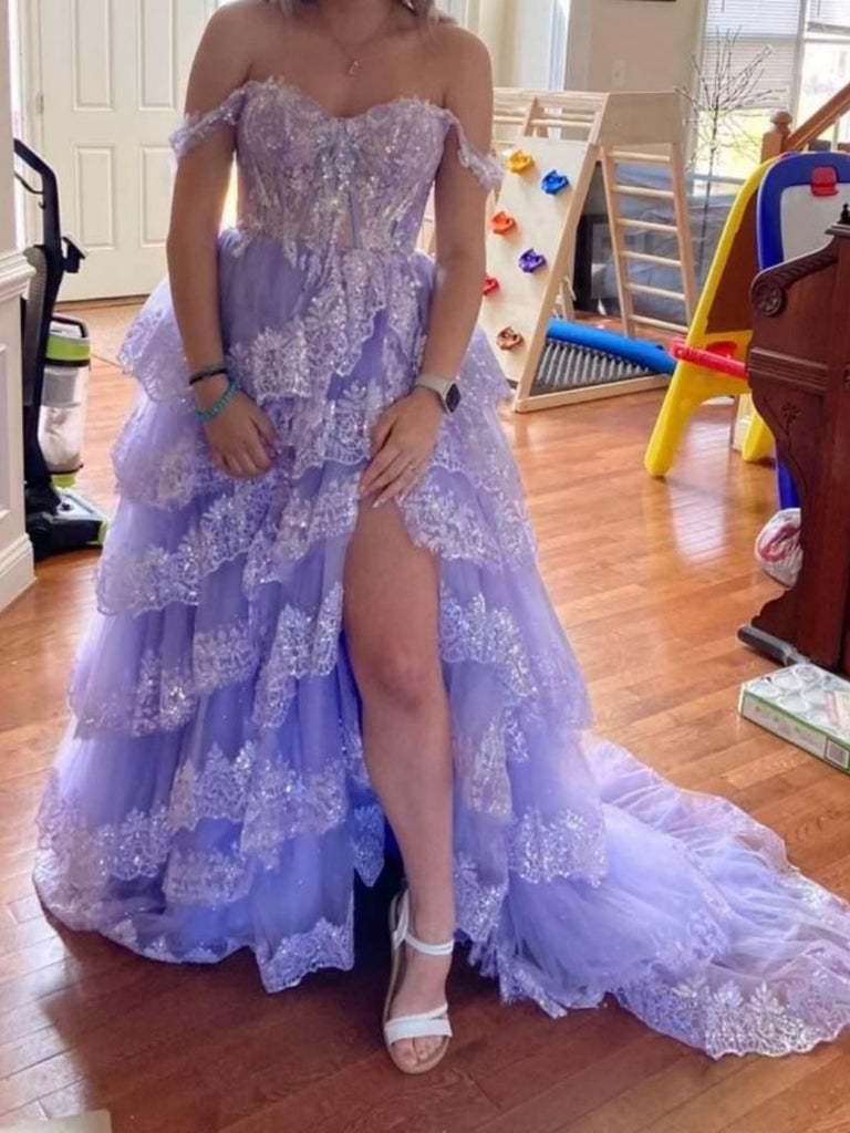 Off Shoulder Layered Lilac Lace Long Prom Dresses with Train, Lilac La jbydress Off Shoulder Layered Lilac Lace Long Prom Dresses with Train, Lilac La jbydress