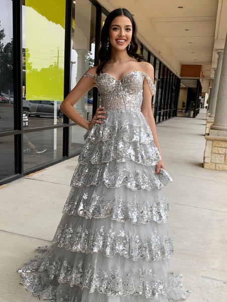 Off Shoulder Layered Silver Gray Lace Long Prom Dresses, Off the Shoulder Lace Formal Dresses, Silver Gray Evening Dresses