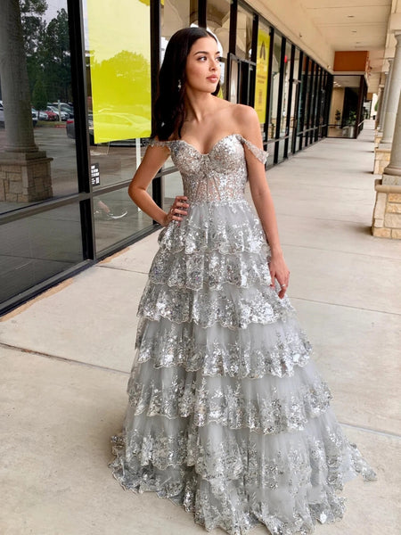 Off Shoulder Layered Silver Gray Lace Long Prom Dresses, Off the Shoulder Lace Formal Dresses, Silver Gray Evening Dresses