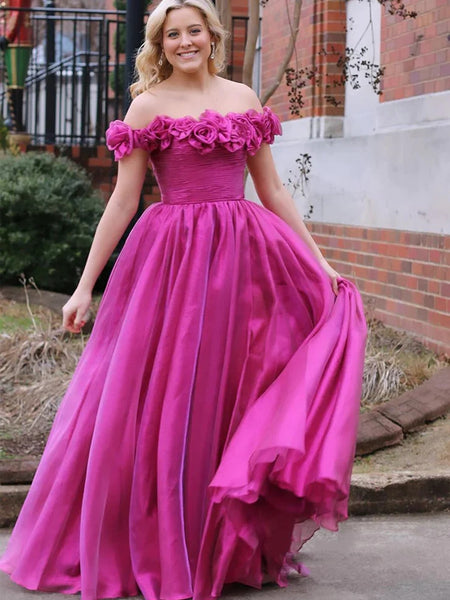 Off Shoulder Magenta Floral Long Prom Dresses, Off the Shoulder Formal Dresses, Magenta Evening Dresses with 3D Flowers
