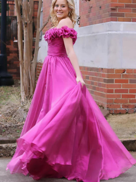 Off Shoulder Magenta Floral Long Prom Dresses, Off the Shoulder Formal ...
