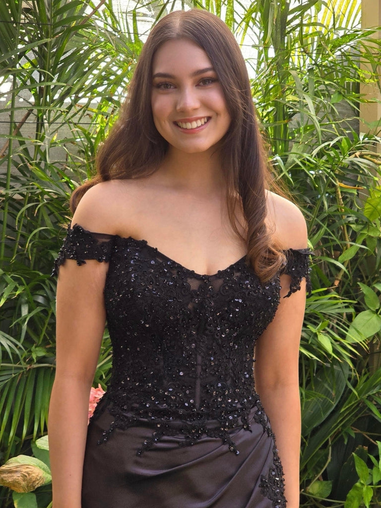Off Shoulder Mermaid Black Lace Long Prom Dresses with Side Split, Mer jbydress Off Shoulder Mermaid Black Lace Long Prom Dresses with Side Split, Mer jbydress