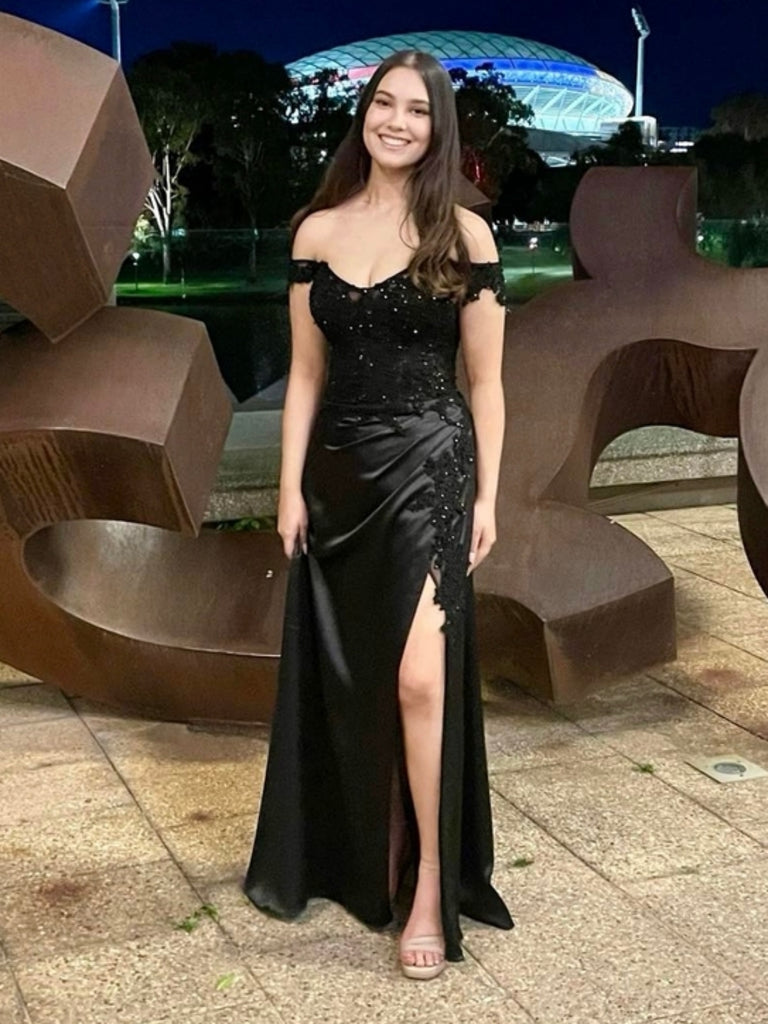 Off Shoulder Mermaid Black Lace Long Prom Dresses with Side Split, Mer jbydress Off Shoulder Mermaid Black Lace Long Prom Dresses with Side Split, Mer jbydress
