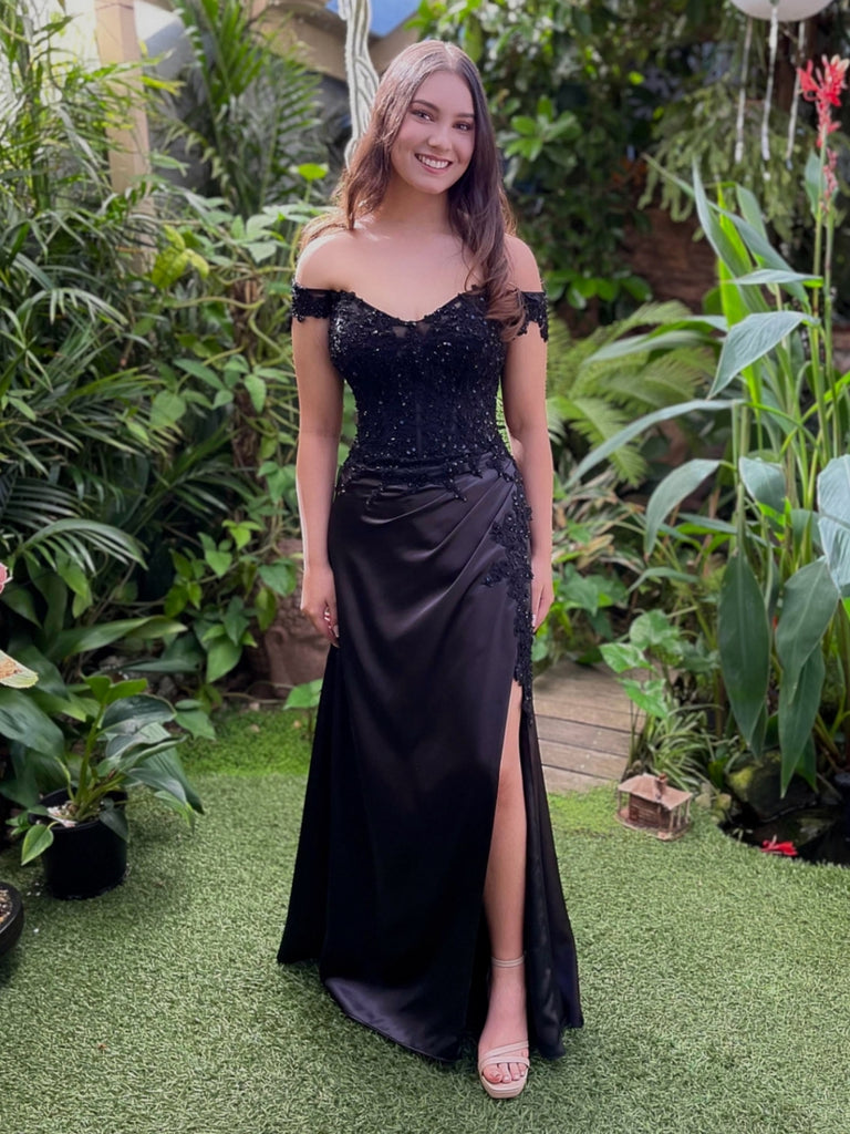 Off Shoulder Mermaid Black Lace Long Prom Dresses with Side Split, Mer jbydress Off Shoulder Mermaid Black Lace Long Prom Dresses with Side Split, Mer jbydress