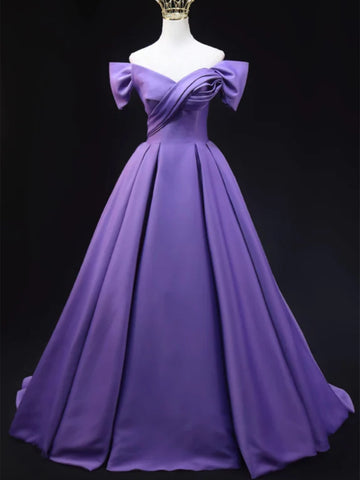 Off Shoulder Purple Satin Long Prom Dresses, Off the Shoulder Formal Dresses, Long Purple Evening Dresses