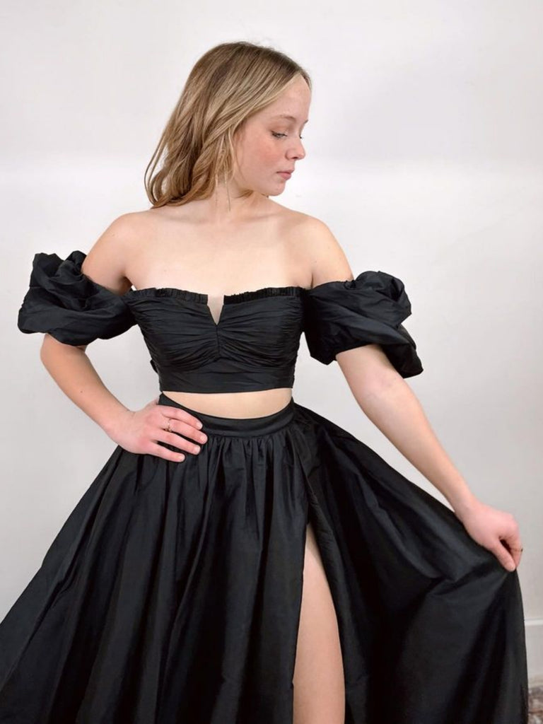 Off Shoulder Two Pieces Black Long Prom Dresses with High Slit, Off th jbydress Off Shoulder Two Pieces Black Long Prom Dresses with High Slit, Off th jbydress