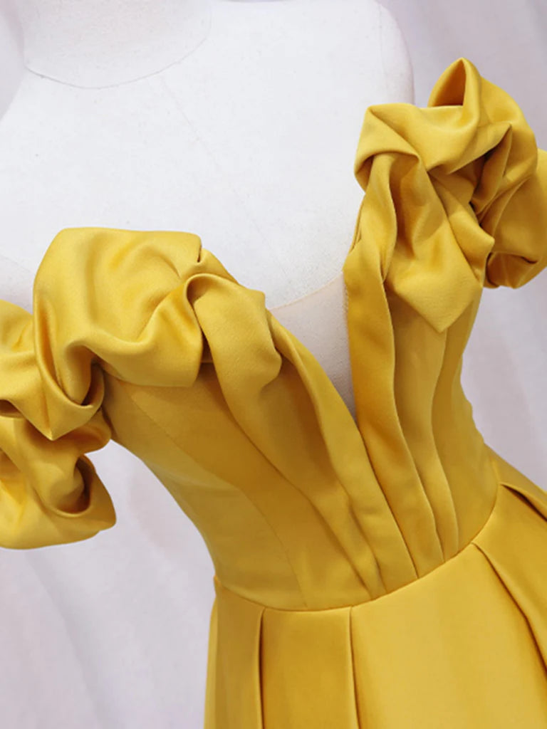 Off Shoulder V Neck Yellow Satin Long Prom Dresses, Off the Shoulder Y jbydress Off Shoulder V Neck Yellow Satin Long Prom Dresses, Off the Shoulder Y jbydress