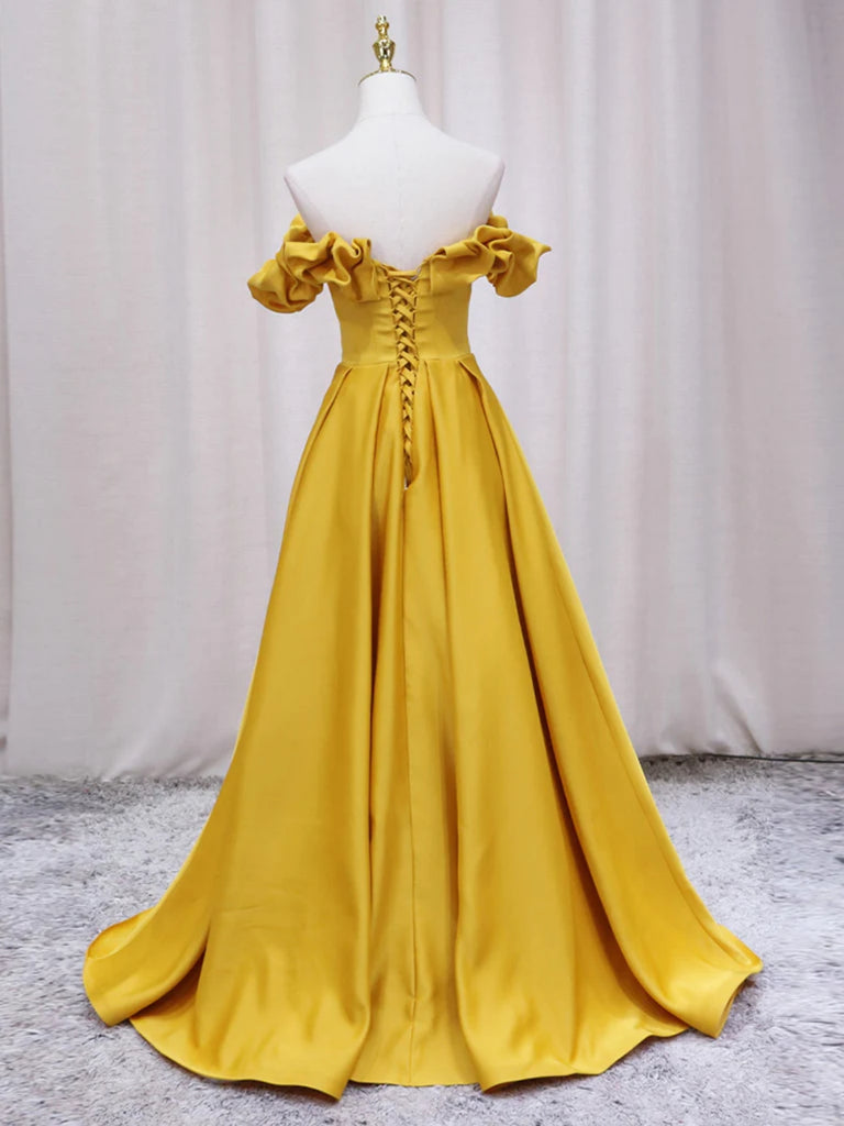 Off Shoulder V Neck Yellow Satin Long Prom Dresses, Off the Shoulder Y jbydress Off Shoulder V Neck Yellow Satin Long Prom Dresses, Off the Shoulder Y jbydress
