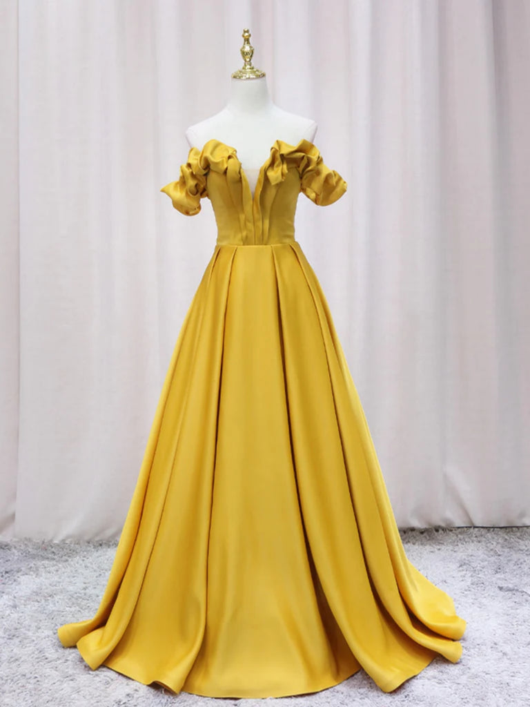 Off Shoulder V Neck Yellow Satin Long Prom Dresses, Off the Shoulder Y jbydress Off Shoulder V Neck Yellow Satin Long Prom Dresses, Off the Shoulder Y jbydress