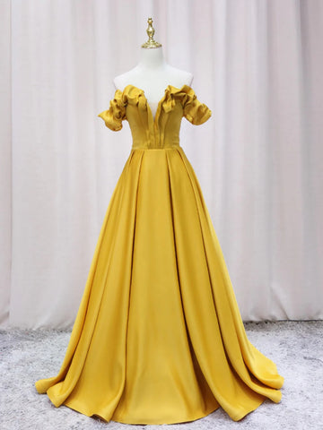 Off Shoulder V Neck Yellow Satin Long Prom Dresses, Off the Shoulder Yellow Formal Dresses, Yellow Evening Dresses