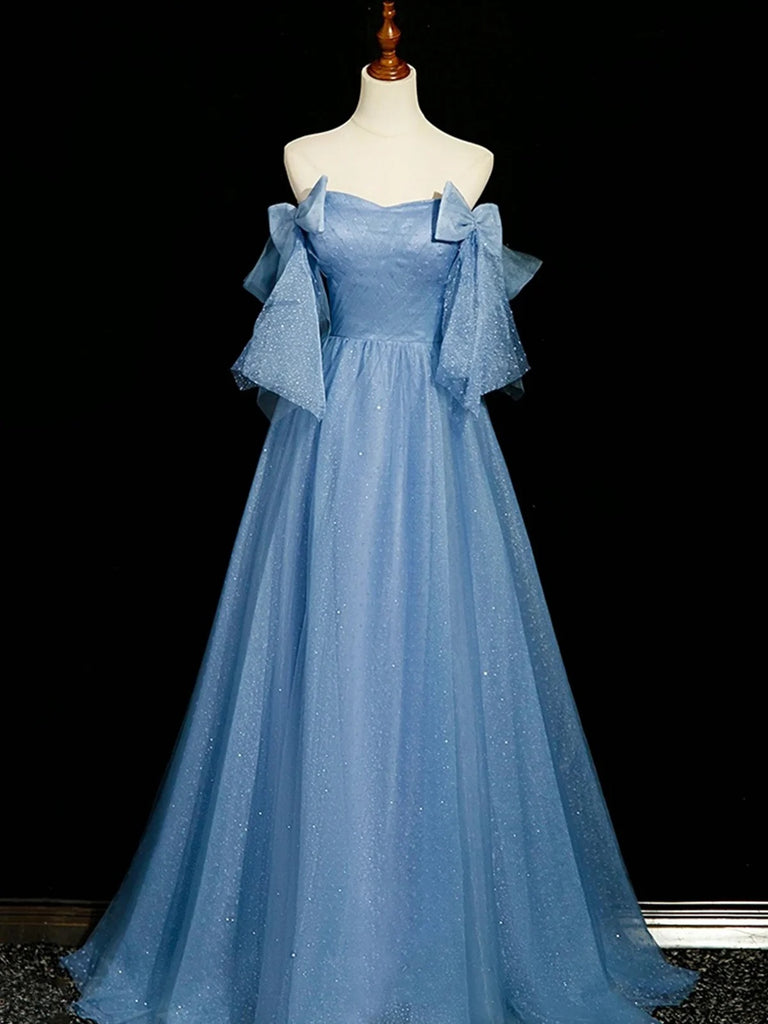 Off the Shoulder Long Blue Tulle Prom Dresses, A Line Off Shoulder Blu