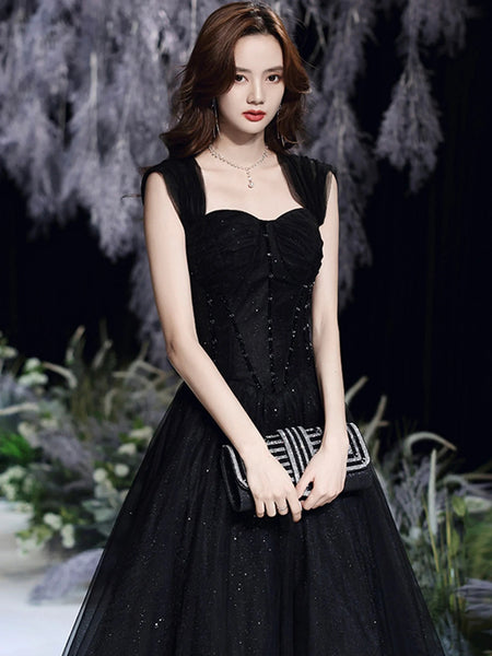 Off the Shoulder Black Beaded Long Prom Dresses, Black Long Formal Graduation Dresses