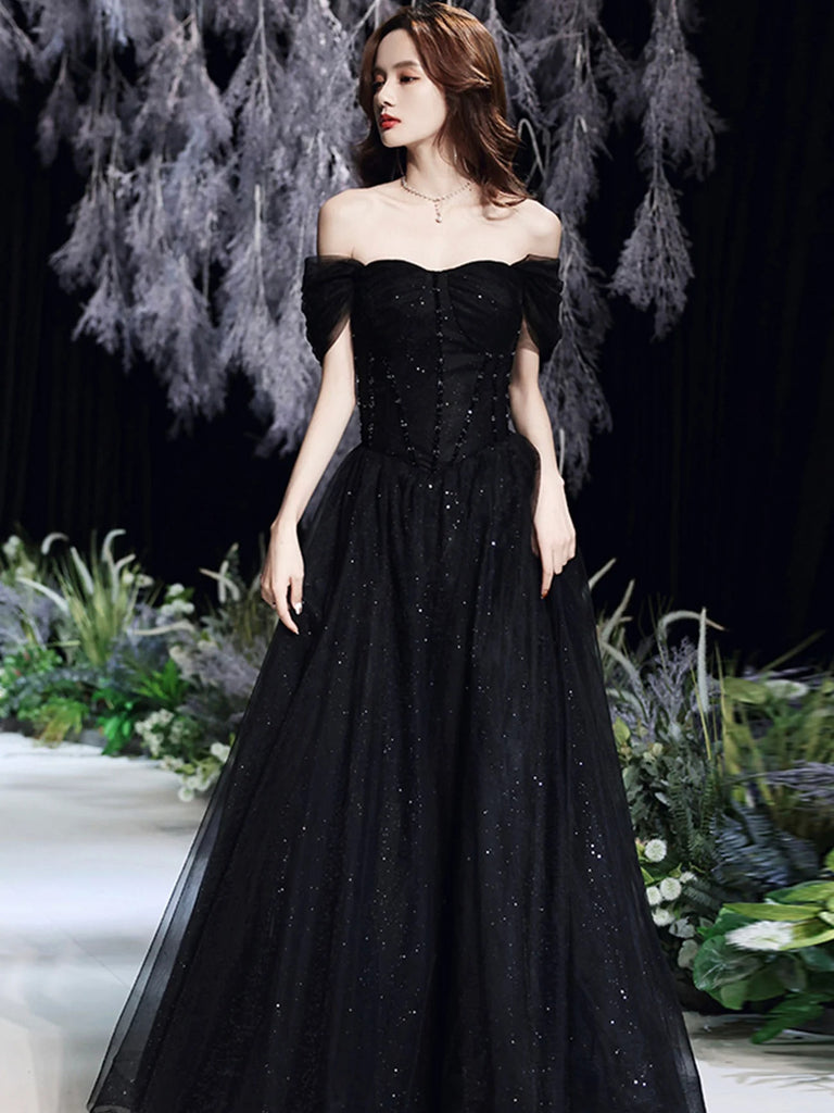 Off the Shoulder Black Beaded Long Prom Dresses, Black Long Formal Graduation Dresses
