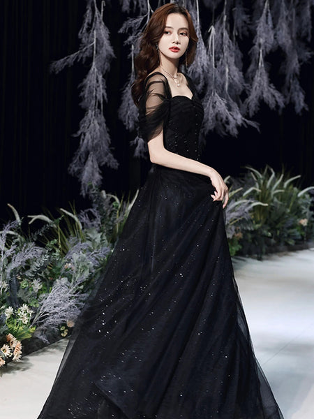 Off the Shoulder Black Beaded Long Prom Dresses, Black Long Formal Graduation Dresses